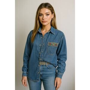 Woolrich Denim Shirt M Embroidered Floral Western Boho Cottagecore Oversized